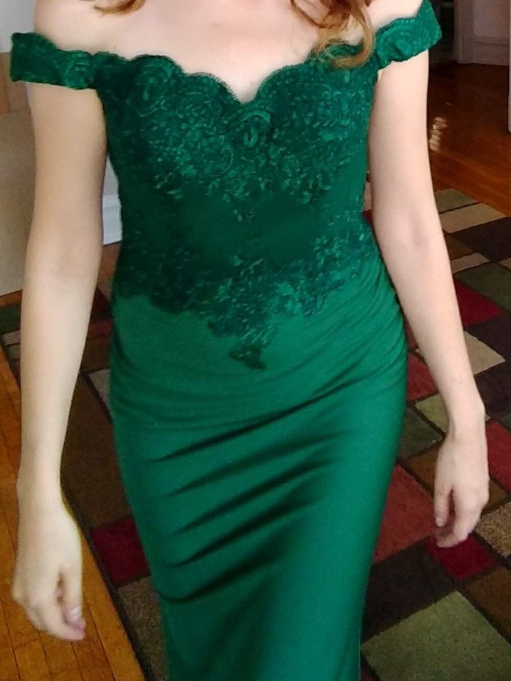 Beautiful Emerald Floor-Length Off-the-Shoulder Gown